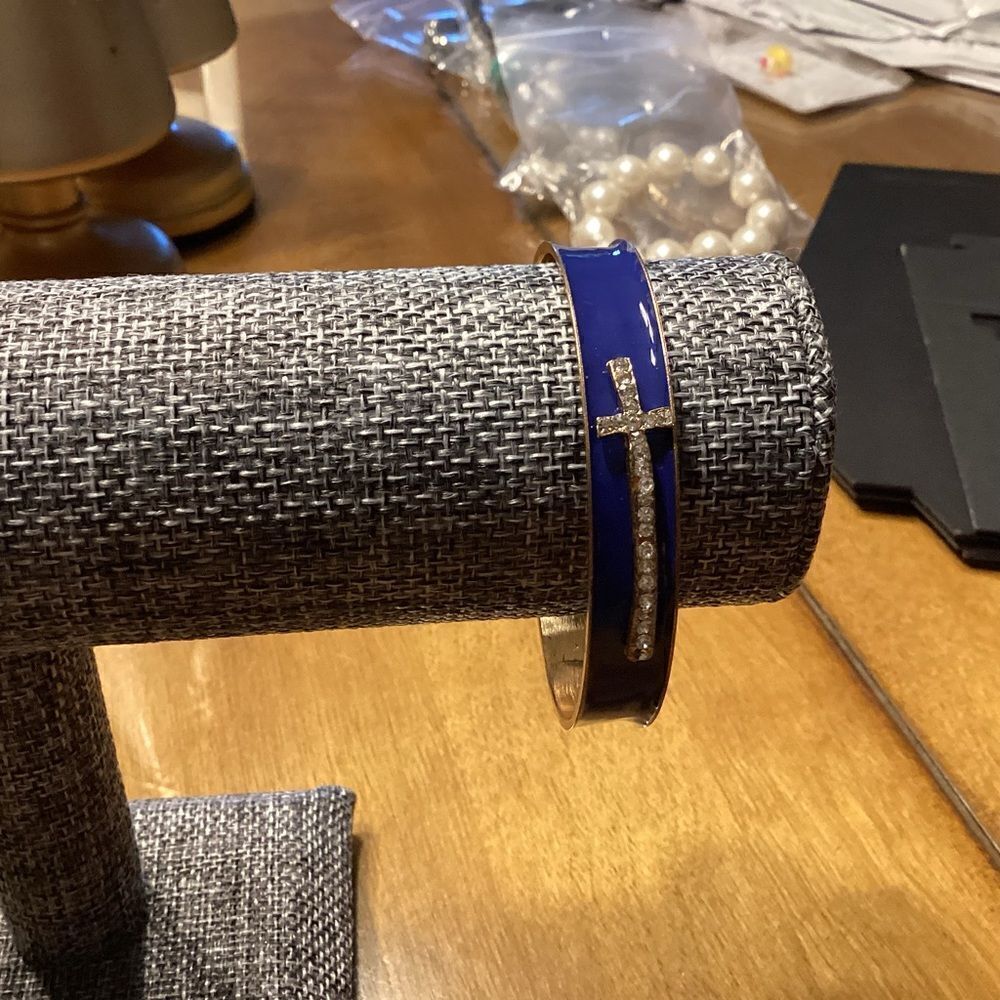 Blue Enamel Bangle Bracelet with Crystal Cross